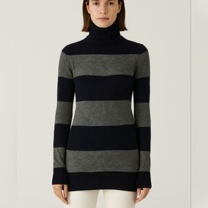 Theory Viviana R Air Cashmere Women's Navy Turtleneck Striped Sweater Tunic ST